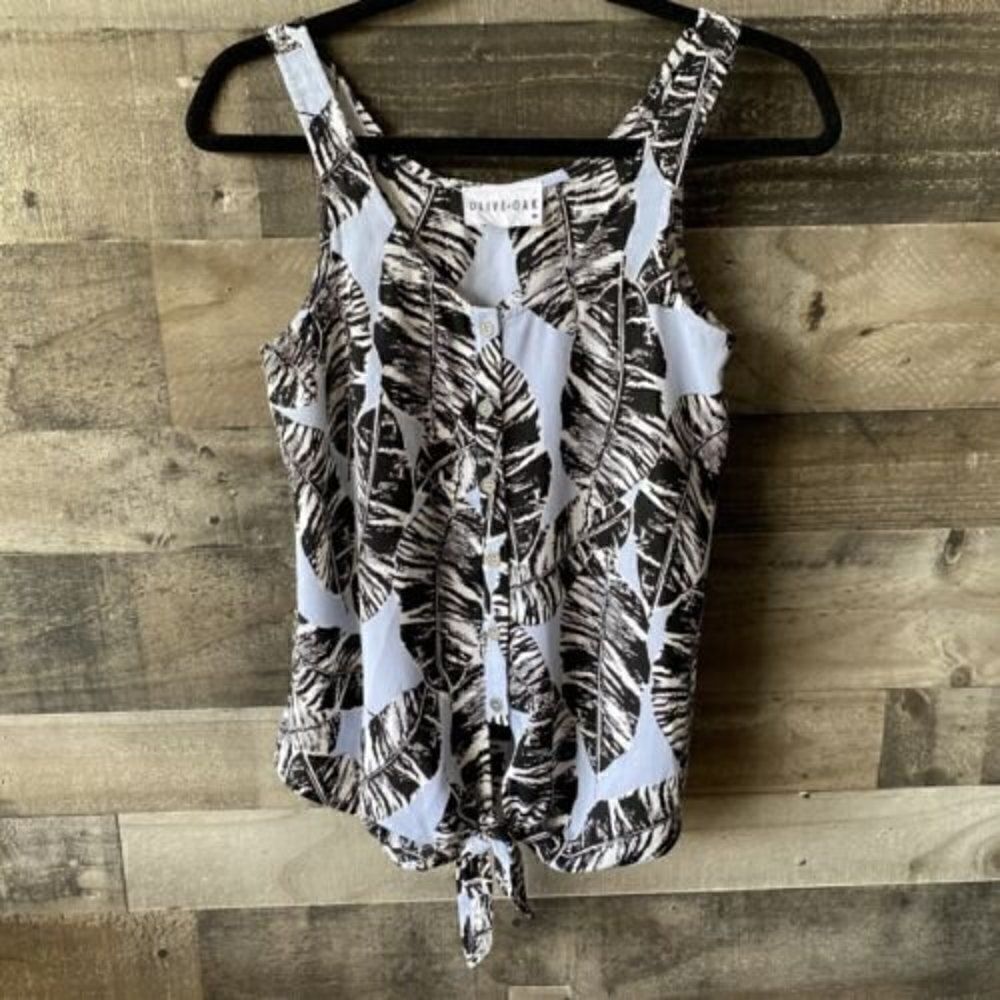 Olive + oak sleeveless tie front tank top blouse leaves feathers blue XS